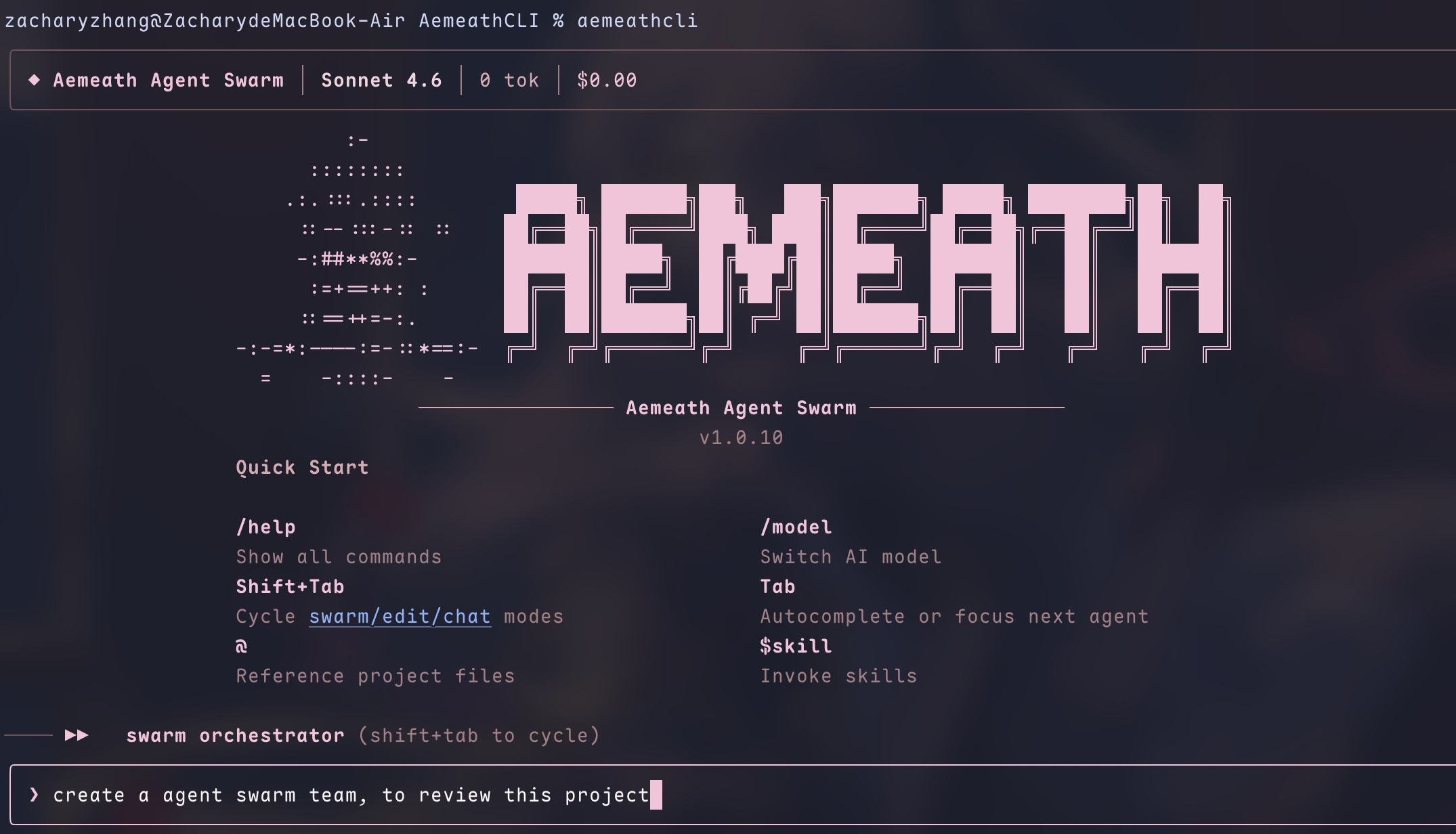 AemeathCLI welcome screen showing the Aemeath Agent Swarm interface