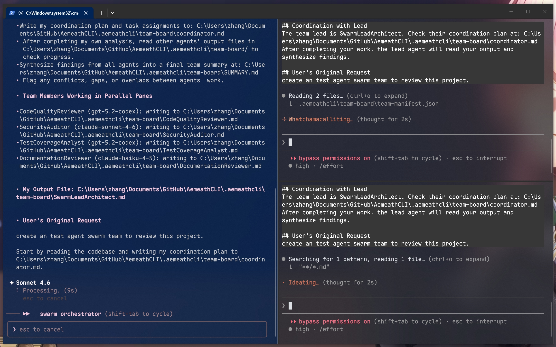 AemeathCLI running multiple AI agents in split panels on Windows Terminal